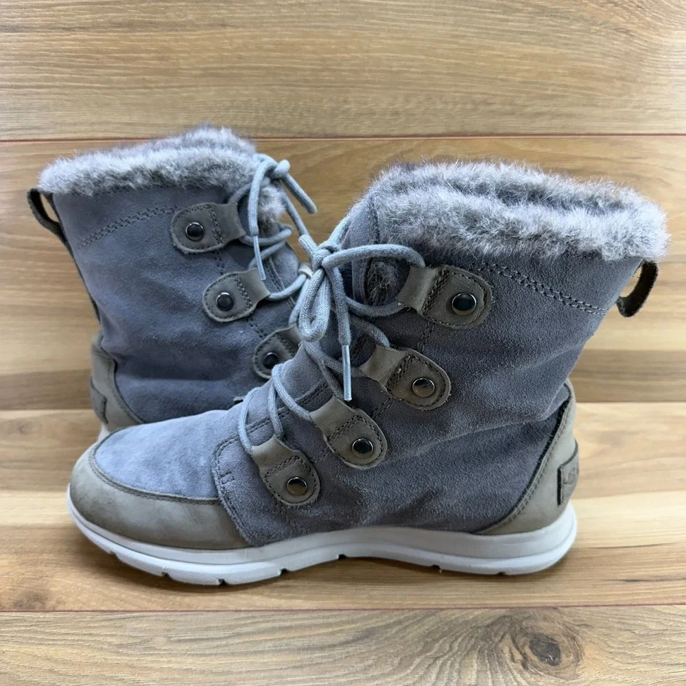SOREL Explorer Joan Boots Womens‎ 10 Gray Suede Waterproof Faux Fur